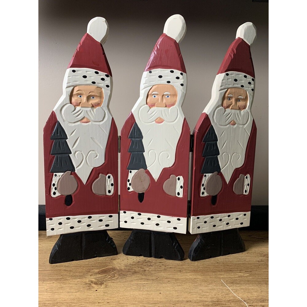 Santa Claus 3 Panel Folding Unique Carved Wood Hand Painted Decoration